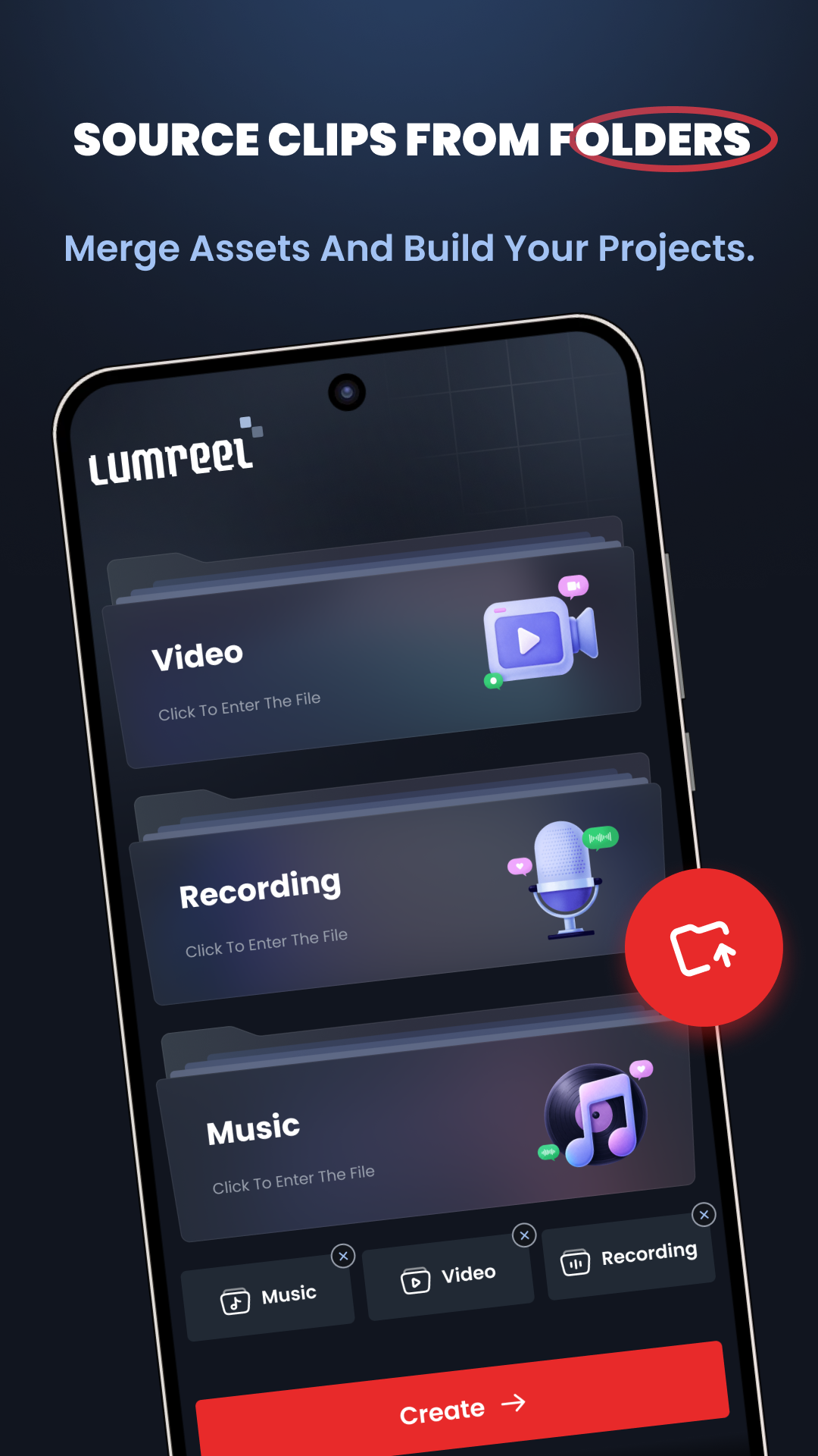Lumreel folders for Video, Recording, and Music, beside the timeline.